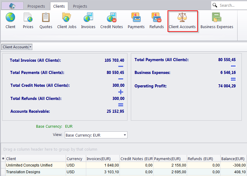 client accounts window
