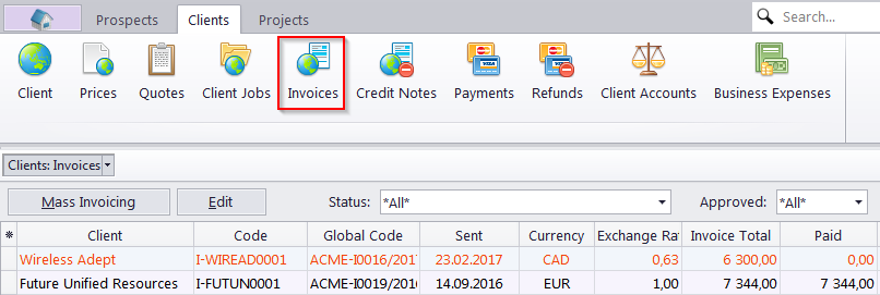 client invoices window