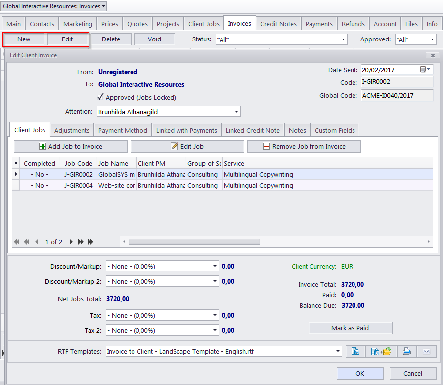 new edit client invoices