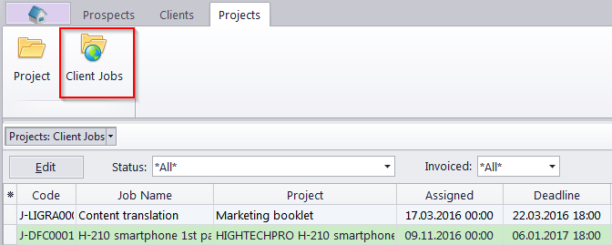 project client jobs window