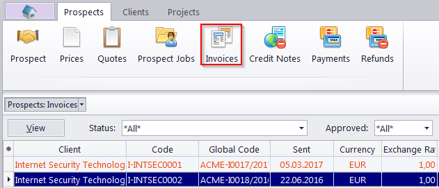 prospect invoices window