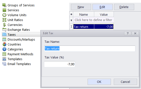 settings taxes